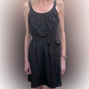 Express | black sleeveless dress with front ruffles, elastic waist and belt